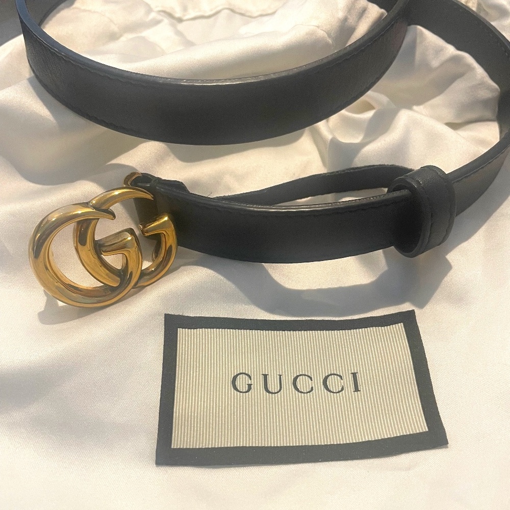 Gucci Marmont Belt- Thin. Gold GG, black leather- 85. mint condition.